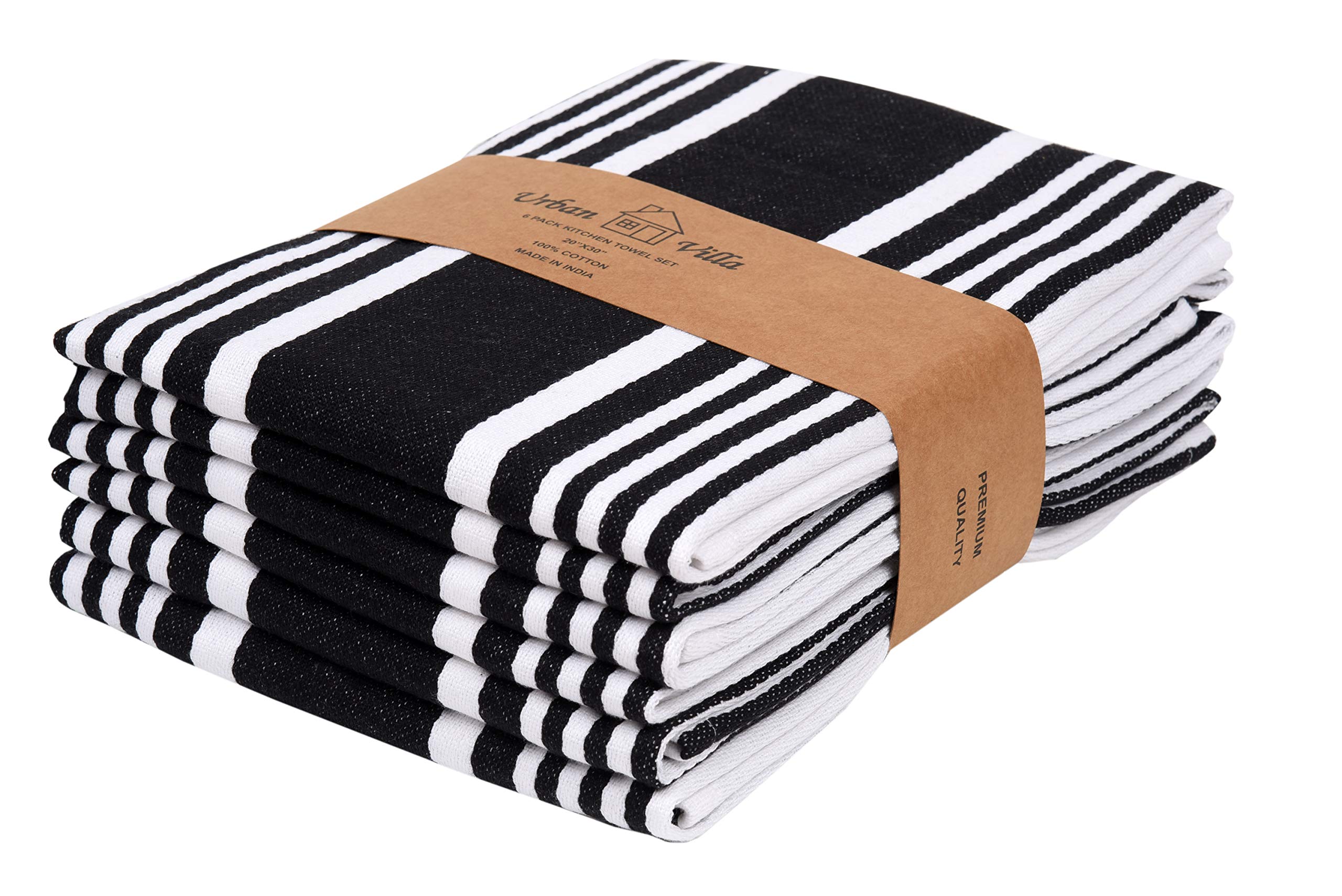 Urban Villa Kitchen Towels (20x30 Inches 6 Pack) Extra Large Premium Dish Towels For Kitchen Black & White Dish Cloths Highly Absorbent 100% Cotton Kitchen Hand Towels With Hanging Loop Tea Towels: Home & Kitchen