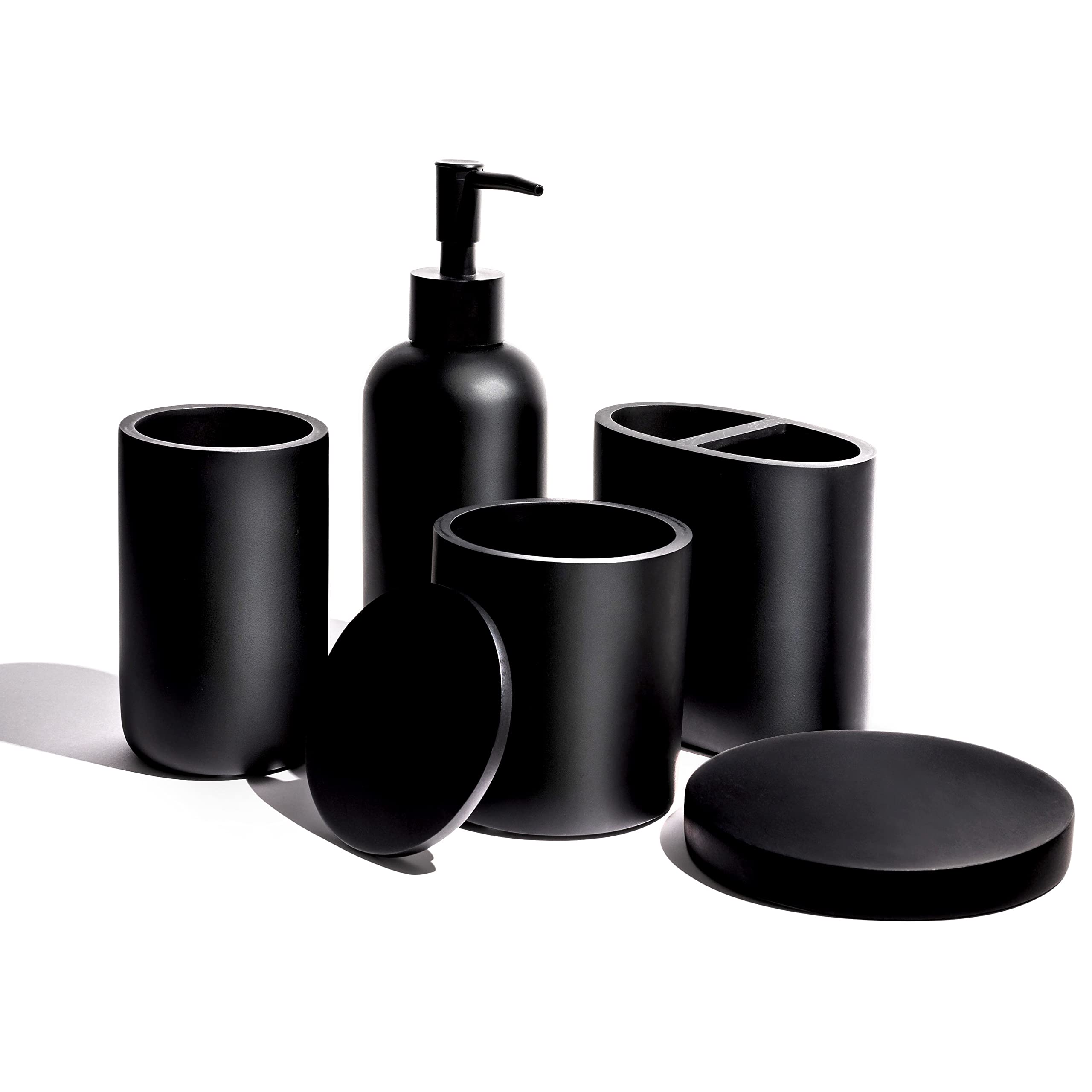 Premium 5 Pcs Matte Black Bathroom Accessories Set Complete. Black Bathroom Decor Sets. Matte Black Bathroom Accessory Set Black. Black Bathroom Set Black. Black And White Bathroom Accessories : Home & Kitchen