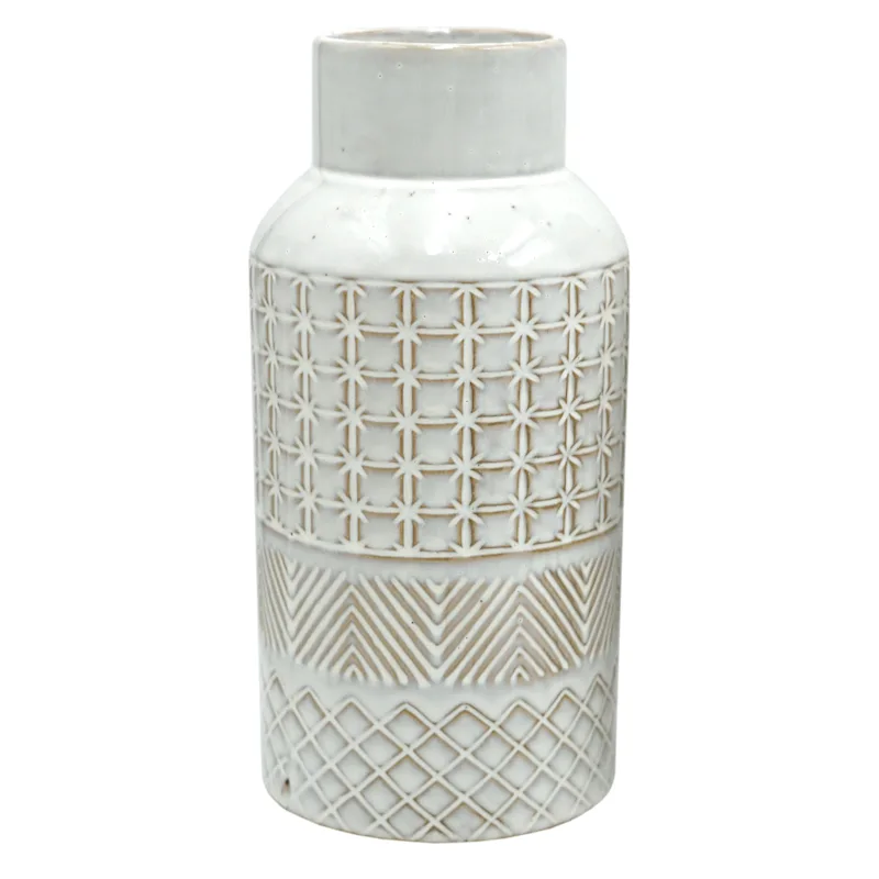 White Tribal Patterned Ceramic Vase, 10