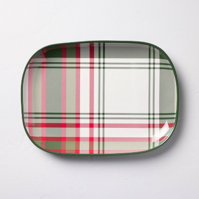 12"x17" Christmas Plaid Melamine Serving Platter Green/red/cream - Hearth & Hand™ With Magnolia