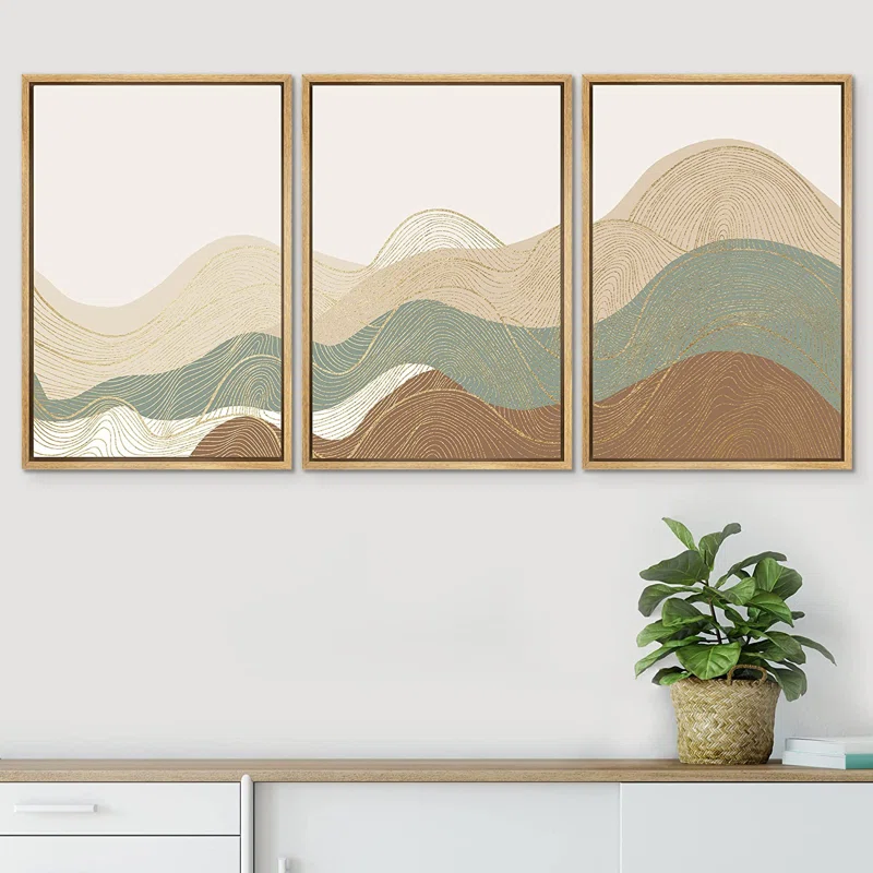 Signleader Multicolor Geometric Wave Abstract Mountain Landscape Wall Art Framed Canvas 3 Piece Painting Print
