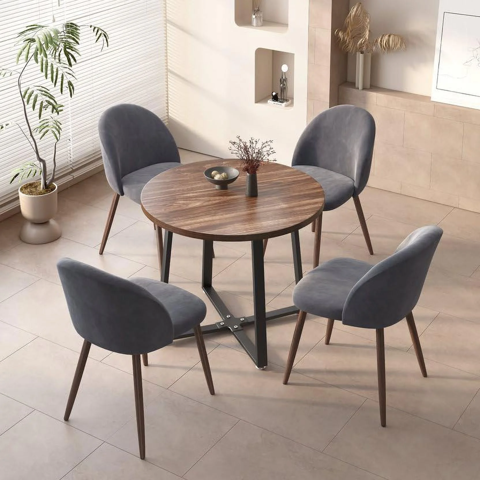 Ino Design Dining Set For 5 Piece Mid-century Modern Round Table With 4 Velvet Chairs - Chic, Luxury, Comfy, Sturdy & Compact - For Homes, Apartments, Restaurants - Grey