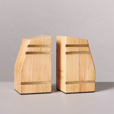 Wooden Wedge Bookends With Brass Inlay (set Of 2) - Hearth & Hand™ With Magnolia: Farmhouse Style Iron Base, Dry Dust Care