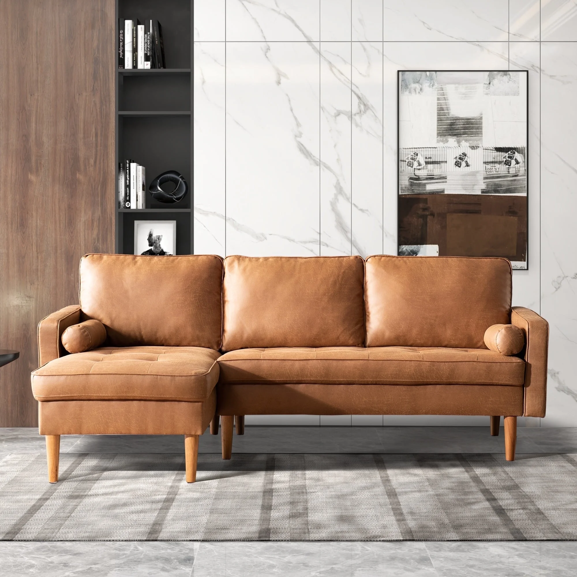 Ovios 83" Modular Sectional Sofa 3-seat L-shaped Mid-century Modern Faux Leather Couch With Chaise Lounge For Living Room, Apartment, Office, Brown