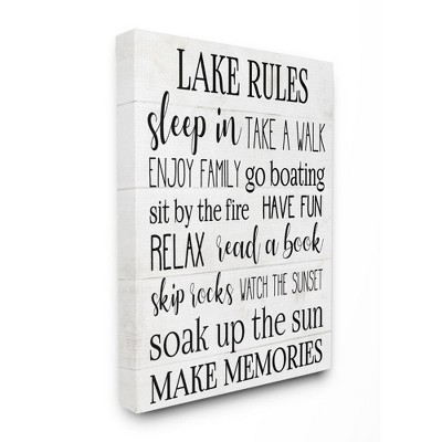 Stupell Industries Motivational Lake Rules Sign Text Styles Black White Gallery Wrapped Canvas Wall Art, 16 X 20