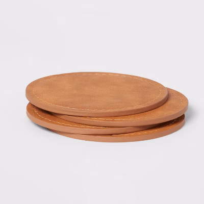 4pk Faux Leather Coasters - Threshold™: Brown Polyethylene Cup & Table Drink Coasters, Traditional Style, 4"x4