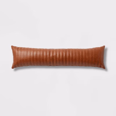 Lumbar Faux Leather Channel Stitch Decorative Throw Pillow Cognac - Threshold™: Indoor Rectangle Bolster, Polyurethane & Cotton