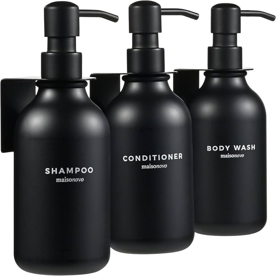 Maisonovo Shampoo And Conditioner Dispenser - Shower Soap Dispenser Wall Mounted - 16.9 Fl Oz Set Of 3 Black Plastic Bottles Black Pump - Shampoo Dispenser