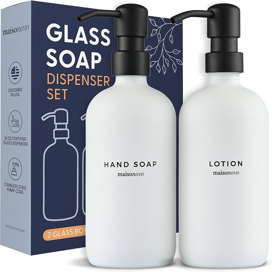 Maisonovo Bathroom Soap And Lotion Dispenser Set | 16.9 Fl Oz White Glass Black Pumps X 2 : Home & Kitchen