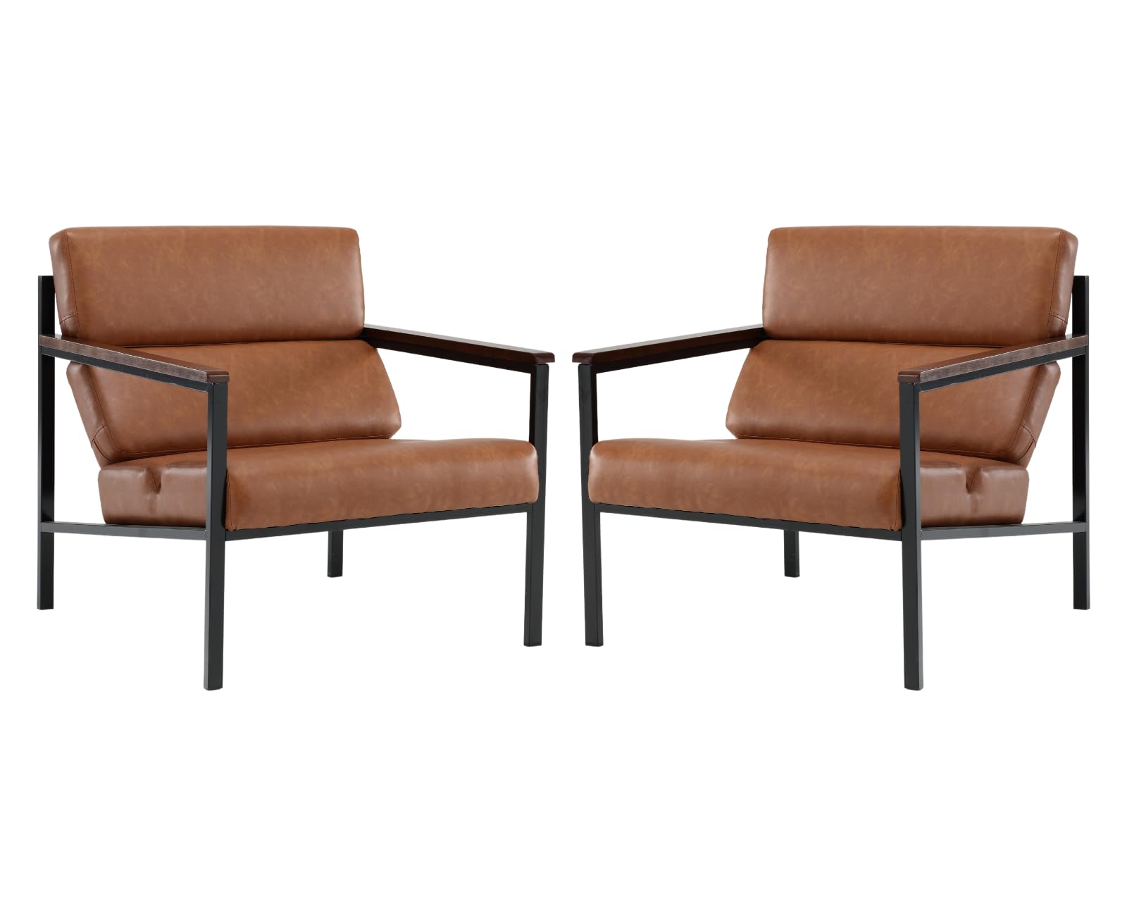 Ealson Modern Leather Accent Chairs Set Of 2 Comfy Lounge Chair With Metal Frame Upholstered Arm Chair Single Sofa Chair With Wood Armrest For Living Room Bedroom