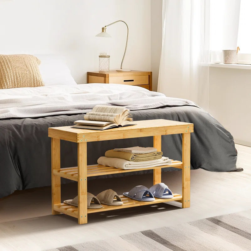 Rebrilliant Modern Minimalist 3 Tier Natural Bamboo Shoe Rack Bench Storage For Entryway Living Room 6 Pairs Of Shoes
