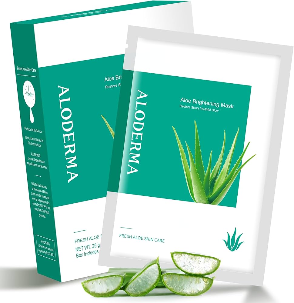 Aloderma Brightening Sheet Masks With 88% Organic Aloe Vera - 5 Pack Facial Masks With Niacinamide