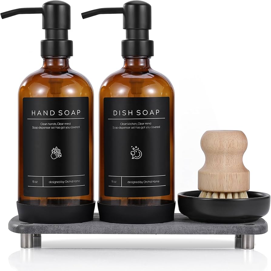 Luxury] Kitchen Soap Dispenser Set - 16oz Amber Glass Bottle