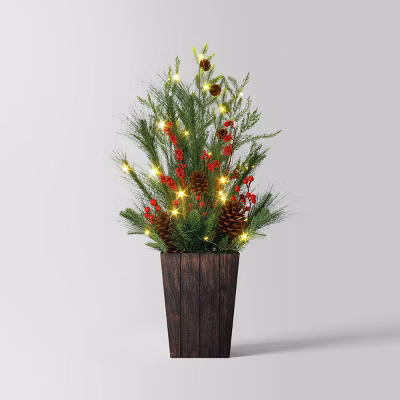 3' Pre-lit Decorated Mixed Greenery Mini Artificial Christmas Plant Arrangement In Faux Wood Pot White Led Lights - Wondershop