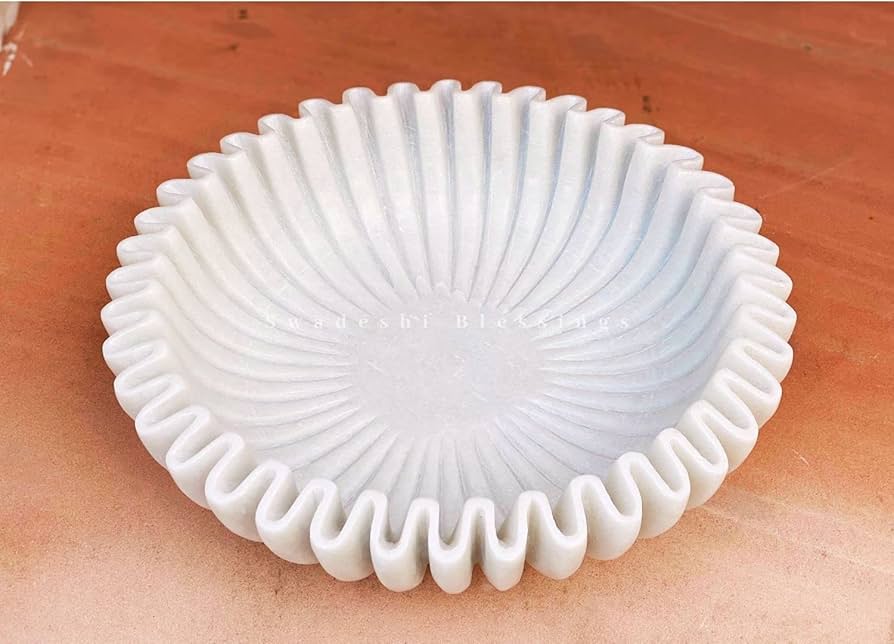 Swadeshi Blessings Handcrafted Marble Ruffle Bowl/antique Scallop Bowl/fruit Bowl/vintage Ring Dish/decorative Flower Bowl/housewarming Gift/wedding Gifts/urli (8 Inches) : Home & Kitchen