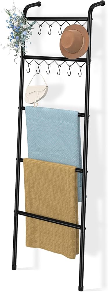 Blanket Ladder Bathroom Towel Holder Decorative Towel Rack 5 Tier Blanket Holder For Living Room Bathroom Laundry Room Black