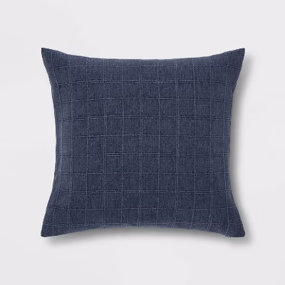Oversized Woven Washed Windowpane Square Throw Pillow Blue - Threshold™: Plaid Design, Zipper Closure, Indoor Use