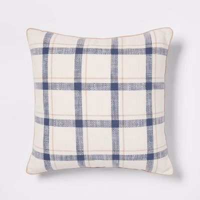 Woven Striped With Plaid Reverse Square Throw Pillow Blue - Threshold™: 100% Cotton, Indoor Decor, Hidden Zipper