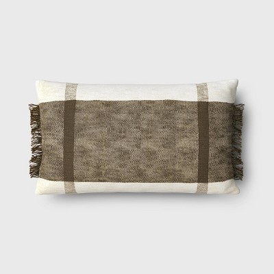 Oversized Textured Woven Cotton Striped Lumbar Throw Pillow Ivory/dark Olive - Threshold™: Fringe Detail, Indoor Use