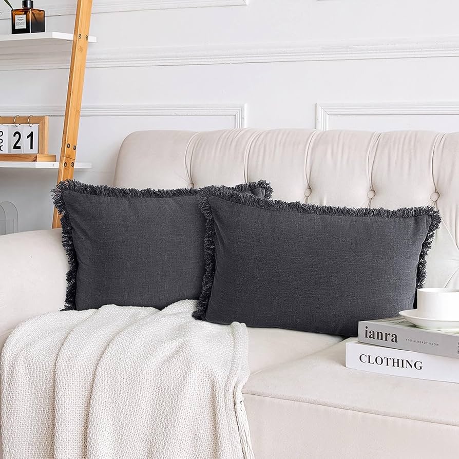 Amhoo Pack Of 2 Linen Pillow Covers With Tassels Fringed Decorative Rustic Natural Throw Pillowcase Cushion For Couch Sofa Bedroom 12 X 20-inch Dark Grey : Home & Kitchen