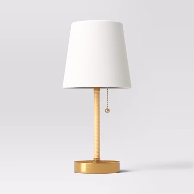 14"x6.5" Mini Rattan Wrap Stick Table Lamp Brass - Threshold™: No Assembly, Etl Listed, Cotton Shade