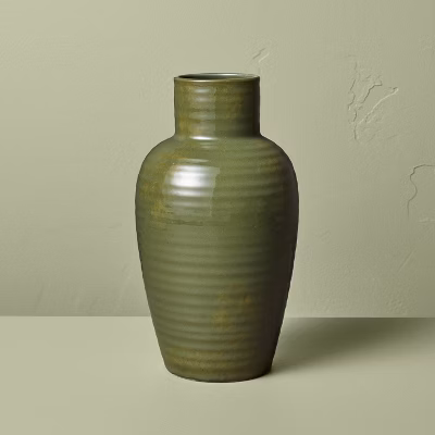 9" Ribbed Ceramic Bottle Vase Dark Green - Hearth & Hand™ With Magnolia