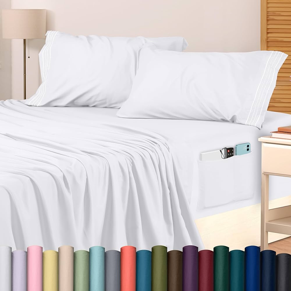 Utopia Bedding Twin Size Sheet Set – Soft Microfiber 3 Piece Hotel Luxury Bed Sheets With Deep Pockets - Embroidered Pillow Case - Side Storage Pocket Fitted Sheet - Flat Sheet (white) : Home & Kitchen