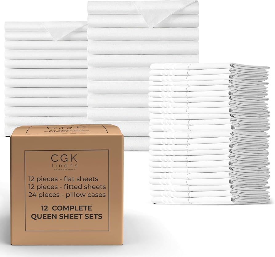 Bulk Case Pack Of 12 Sheet Sets - (12) Complete Sheet Sets - Bulk Pack Of Queen Sheet Sets - Bulk Sheets Queen Size - Wholesale Bulk Sheets For Hotels And Airbnbs - Exceptional Value - Queen