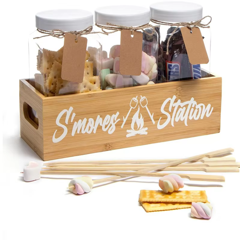 Smores Kit For Fire Pit - Smores Caddy With Jar & Smores Sticks For Smores Maker | Smores Station Smores Gift Set | Wooden Box For S'mores Kit & Camping Supplies Includes Marshmallow Roasting Sticks : Patio