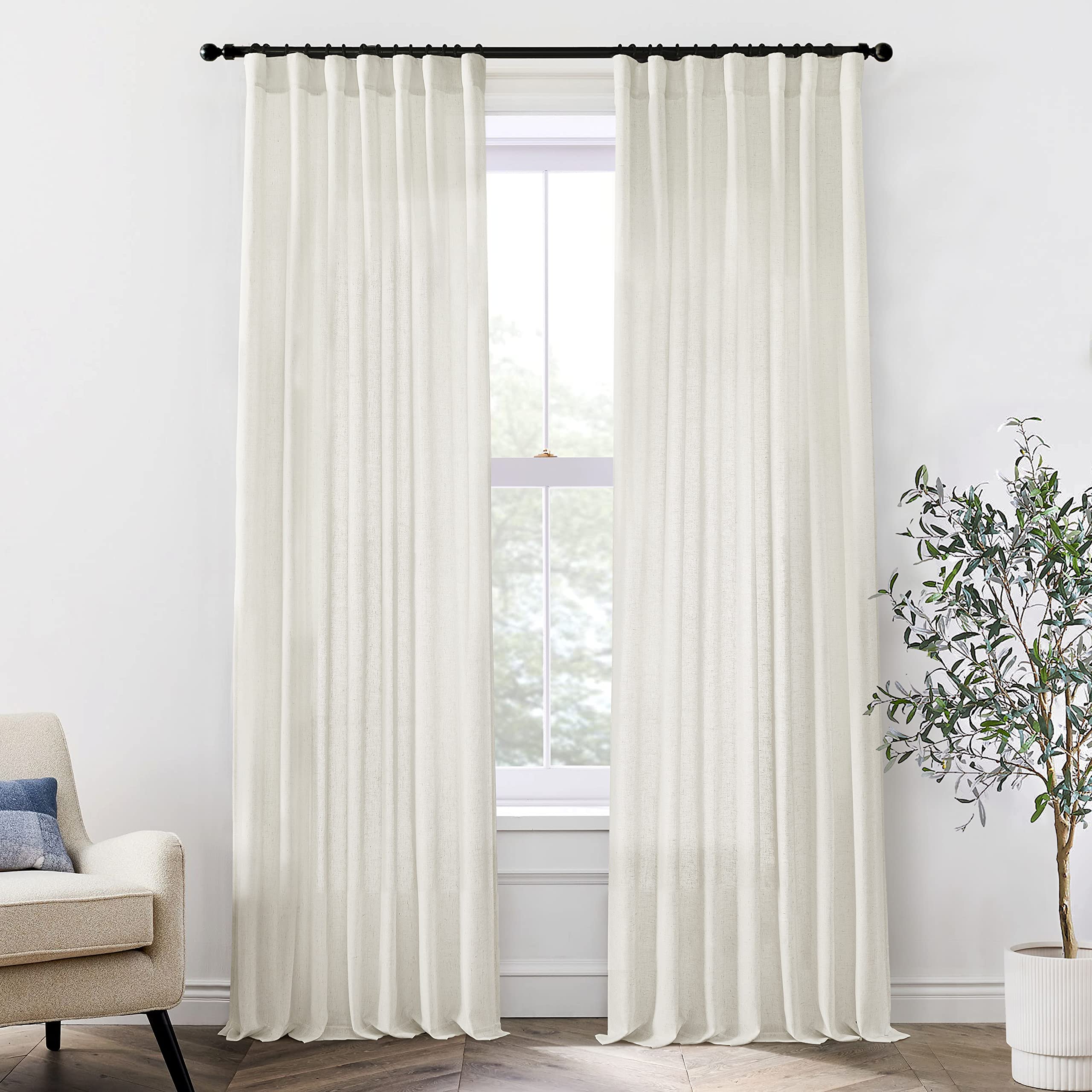 Xtmyi Linen Cotton Farmhouse Curtains For Living Room Bedroom 84 Inches Long Two Sheer Hook Belt Pleated Back Tab Birch Off White Ivory Neutral Boho Sour Cream Curtain Drapes 84 Length 2 Panels Set : Home & Kitchen