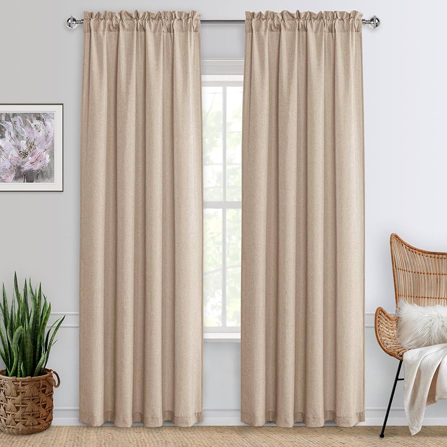 Jiuzhen Beige Faux Linen Curtains For Bedroom