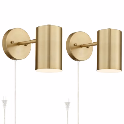 360 Lighting Carla Modern Wall Lamps Set Of 2 Polished Brass Plug-in 5" Light Fixture Cylinder Down Metal Shade For Bedroom Reading Living Room Home