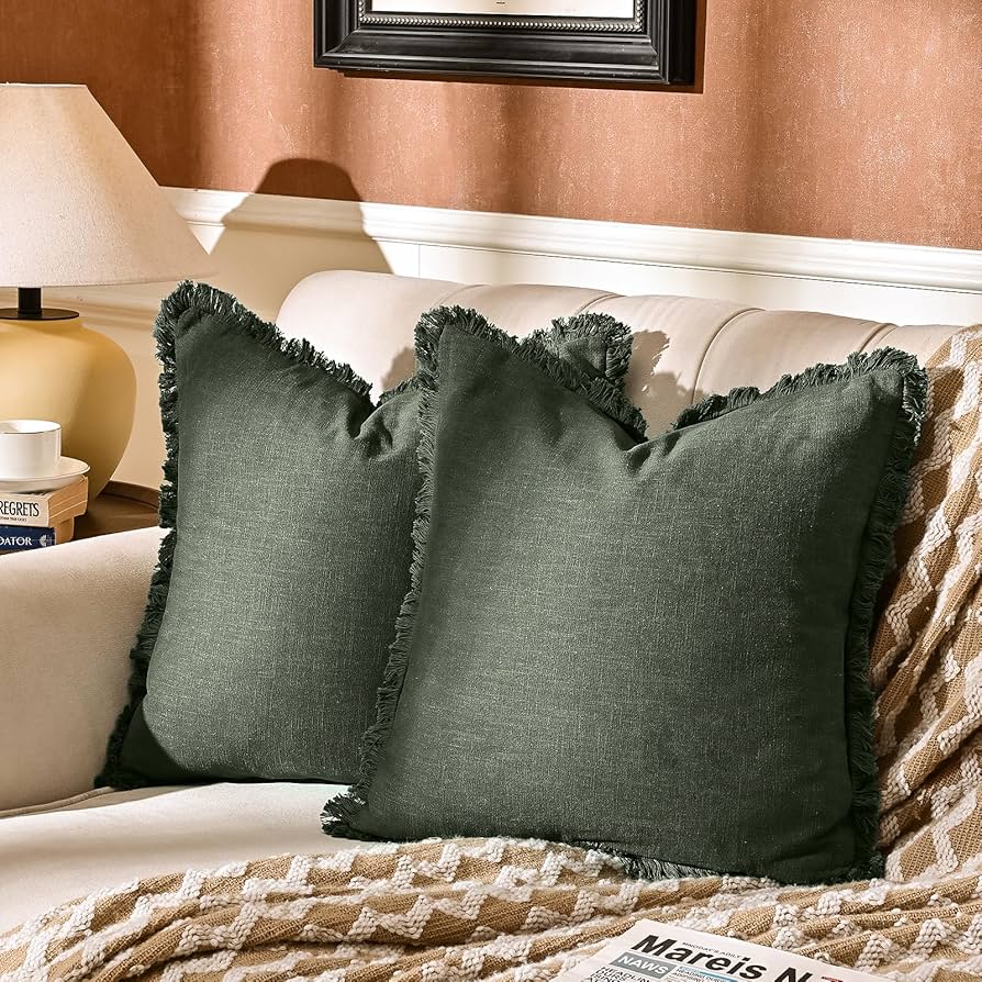 Amhoo Pack Of 2 Linen Pillow Covers With Tassels Fringed Decorative Rustic Natural Throw Pillowcase Cushion For Couch Sofa Bedroom 20 X 20-inch Green : Home & Kitchen