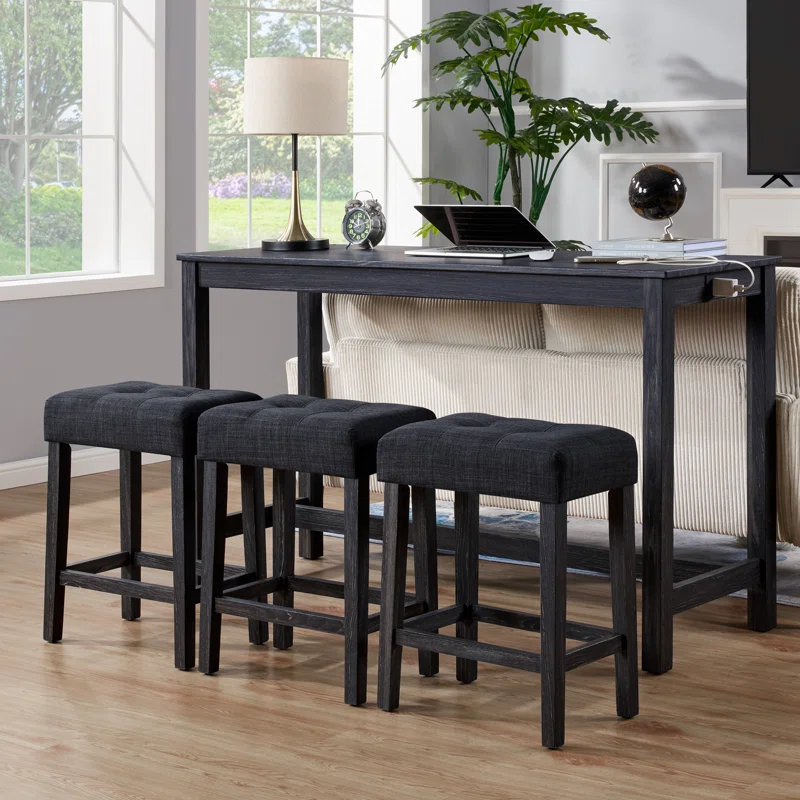 Teneile 59" Wide Transitional Bar Table Set with Upholstered Tufted Stools and USB Ports