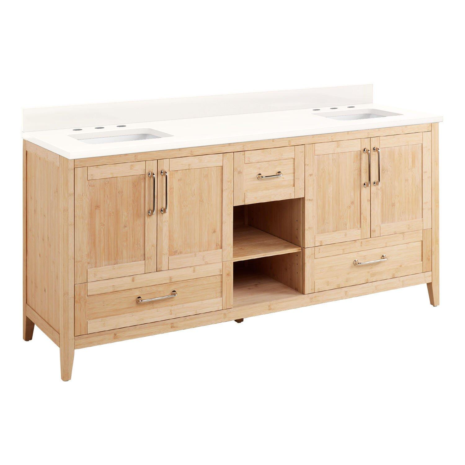 72" Burfield Dbl Vanity For Rect Undrmnt Sinks - Natural Bamboo - Arctic White 8" - White Sinks