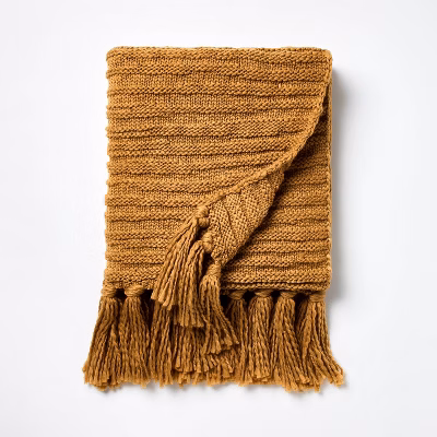 Raised Striped Chunky Knit Throw Blanket Dark Tan - Threshold™ Designed With Studio Mcgee: Cozy, Midweight, Decorative Tassels