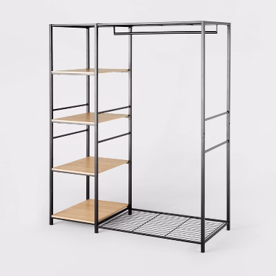 Freestanding Wardrobe Black Metal With Natural Wood - Brightroom