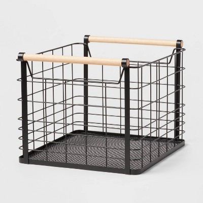 Large Wire Natural Wood Handles Milk Crate Black - Brightroom™: Powder-coated Metal Storage Basket With Handles