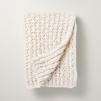 Chunky Knit Throw Blanket Cream - Hearth & Hand™ With Magnolia: Acrylic, Farmhouse Style, Cozy, 50x60