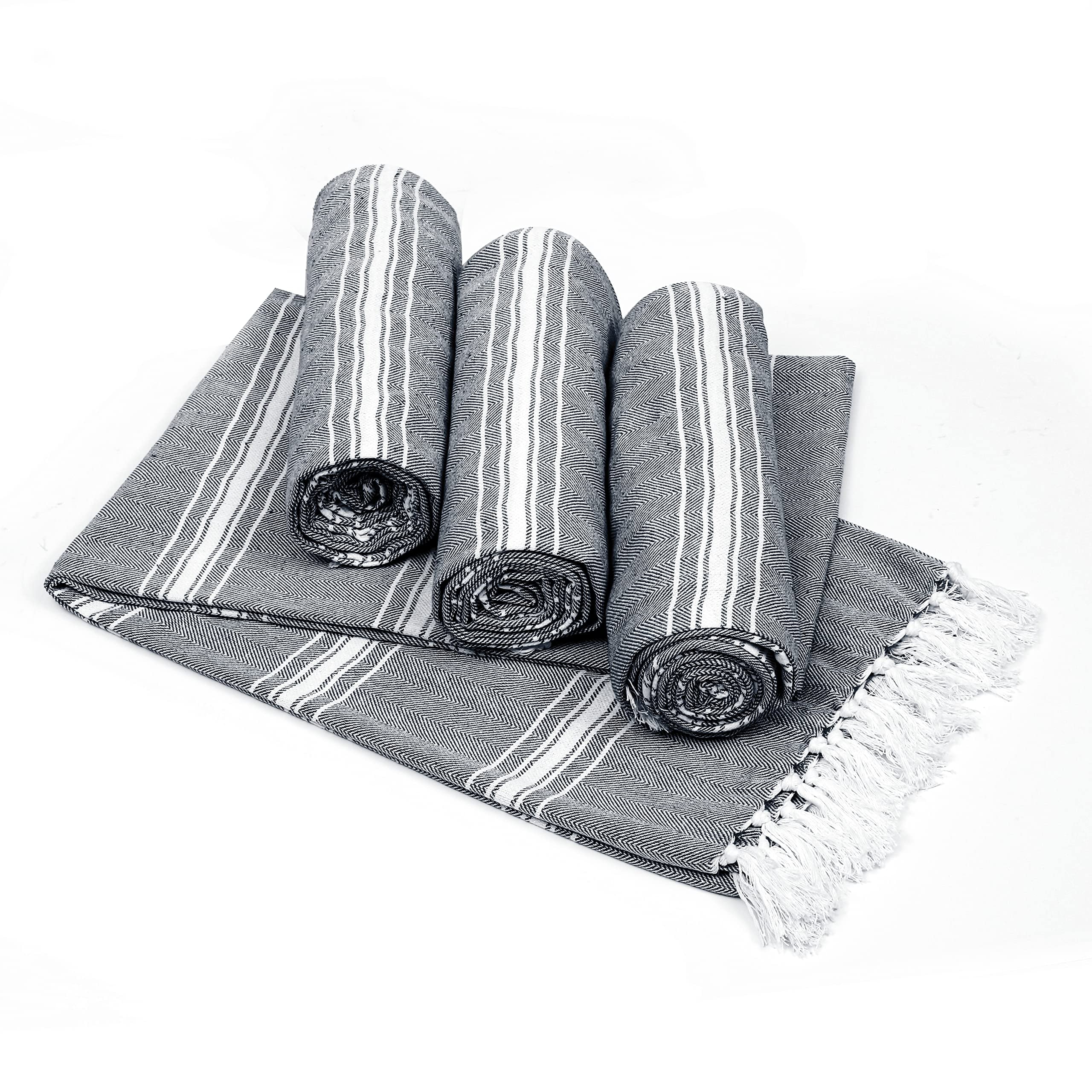 Belizzi Home Peshtemal Turkish Towel 100% Cotton Chevron Beach Towels Oversized 36x71 Set Of 4, Beach Towels For Adults, Soft Durable Absorbent Extra Large Bath Sheet Hammam Towel - Black