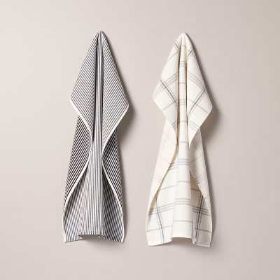 2ct Plaid & Stripe Terry Kitchen Towels Gray/cream - Hearth & Hand™ With Magnolia: Cotton-blend, Machine Washable