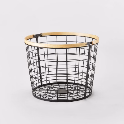 Round Black Wire With Natural Wood Handles Floor Basket - Brightroom