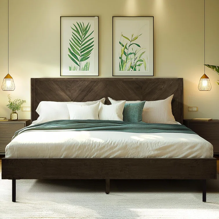 Loon Peak Solid Wood Bed Frame With Headboard Platform Bed Handcrafted Pattern Scandinavian Signature Bedroom Furniture 800 Lbs Capacity