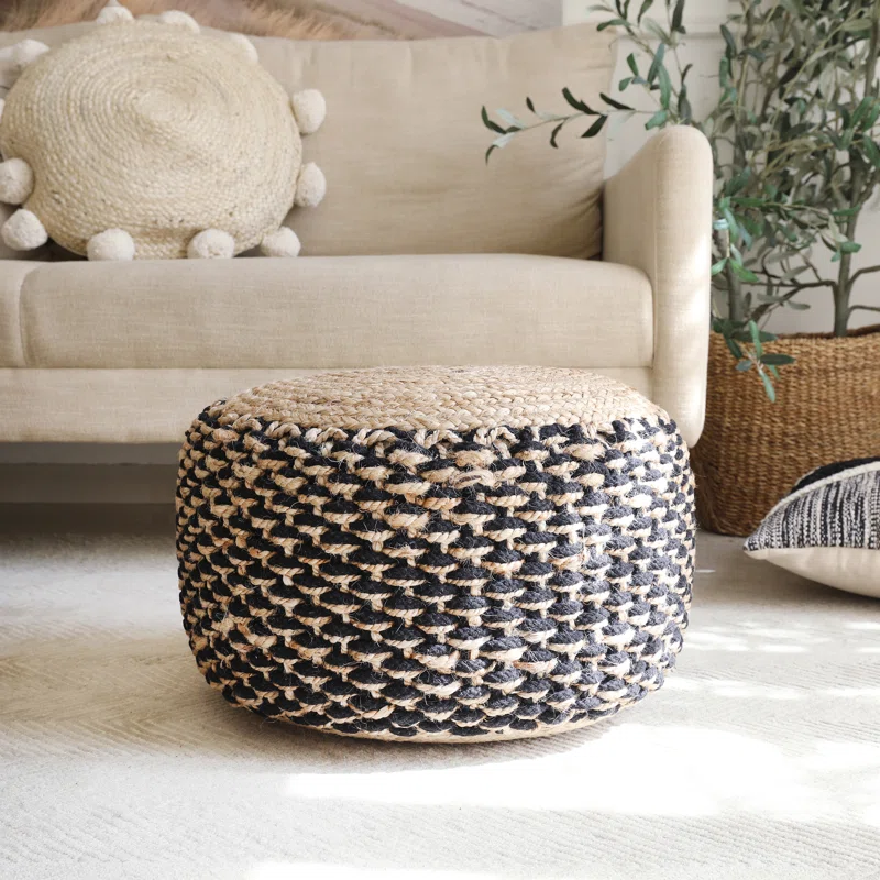 Dovecove Allmon Bohemian Striped Handmade Jutecotton Upholstered Ottoman Pouf