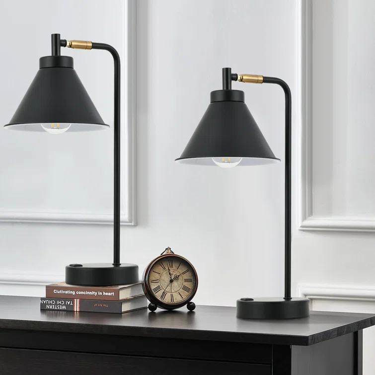 Latitude Run Touch Dimmable Usb Type C Ac Outlet Industrial Metal Desk Lamp With Bulb