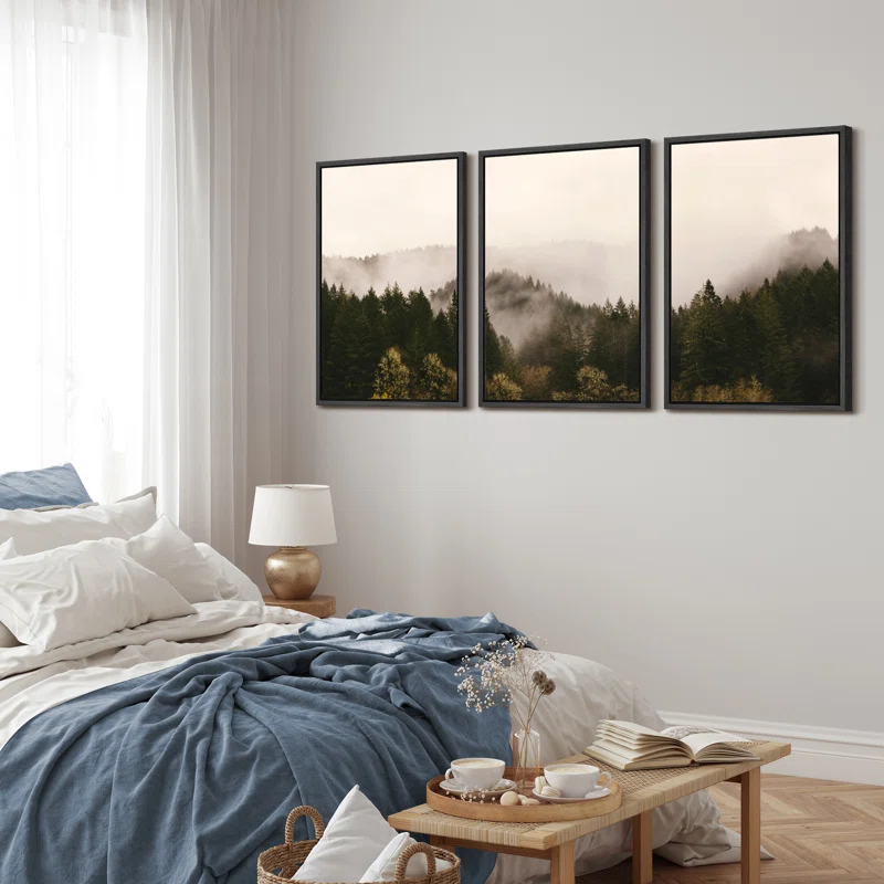 Misty Forest Landscape Brown Mountain Nature Decor Framed Canvas 3 Pieces Photograph Print Wall Art