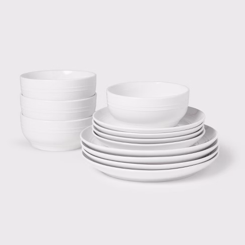 12pc Stoneware Avesta Dinnerware Set White - Threshold™: Modern Dish Set, Service For 4, Microwave & Dishwasher Safe