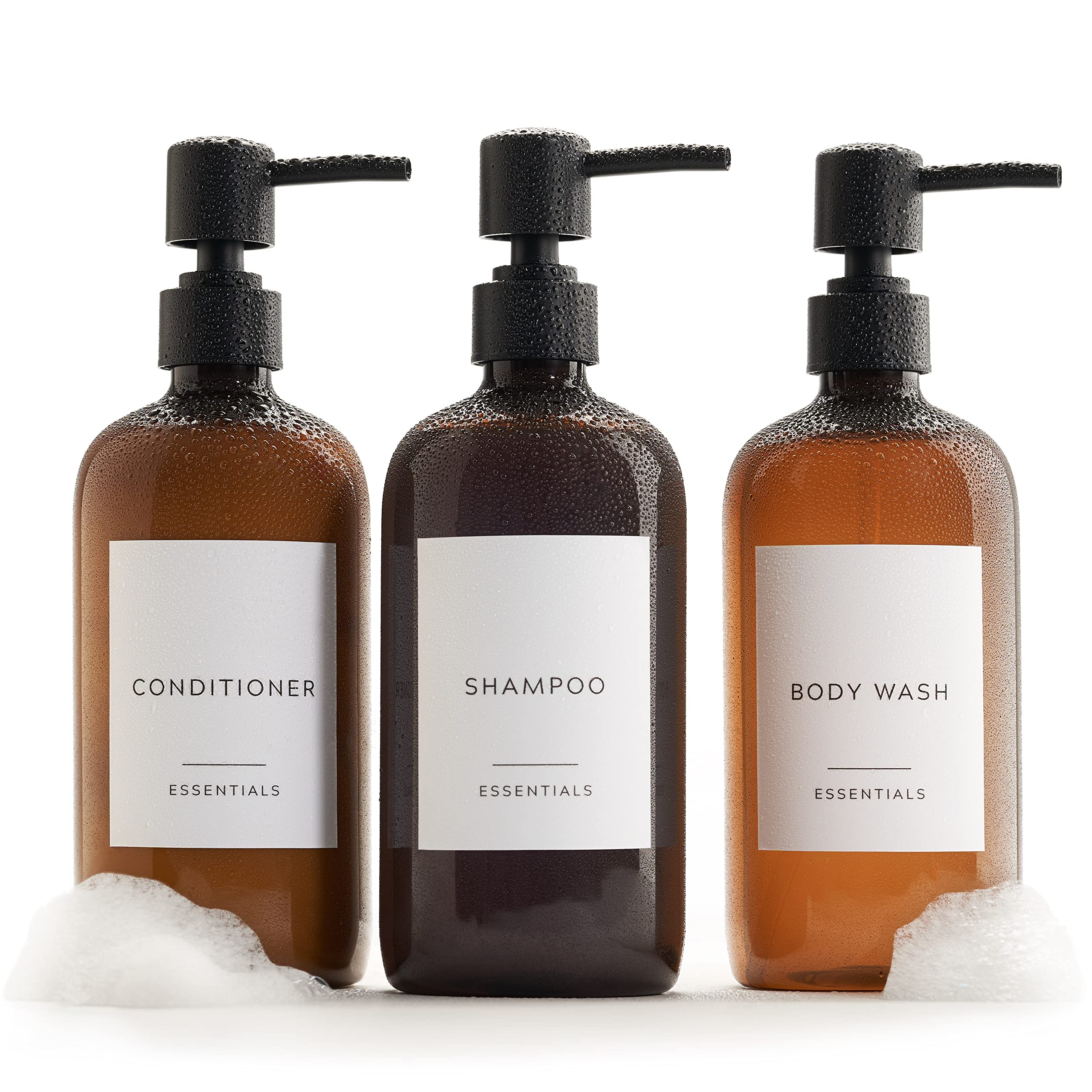 Stylish Shampoo And Conditioner Dispenser Set Of 3 - Modern 21oz Shower Soap Pet Bottles With Pump And Labels - Easy To Refill Body Wash Dispensers For An Instant Bathroom Decor Upgrade : Home & Kitchen
