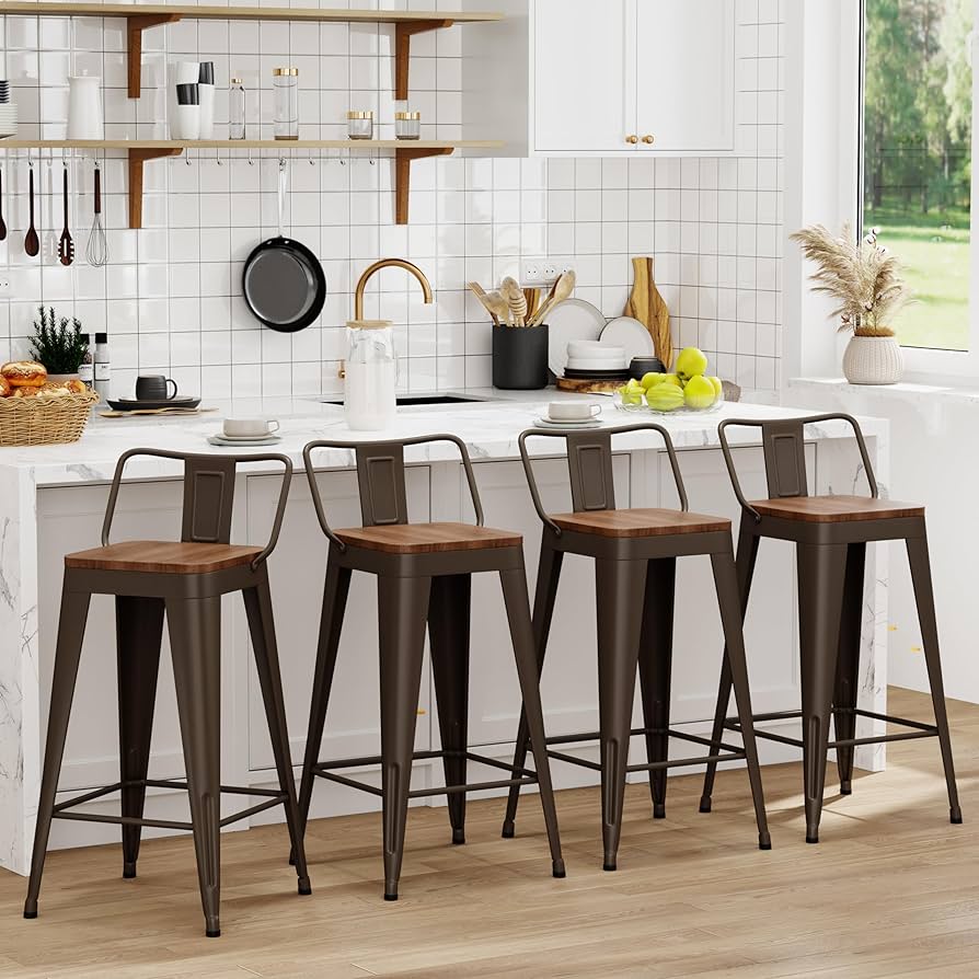 Wentment Metal Bar Stools Set Of 4 Counter Height Bar Stools Barstools With Removable Back 24" Kitchen Bar Stools With Wooden Seat