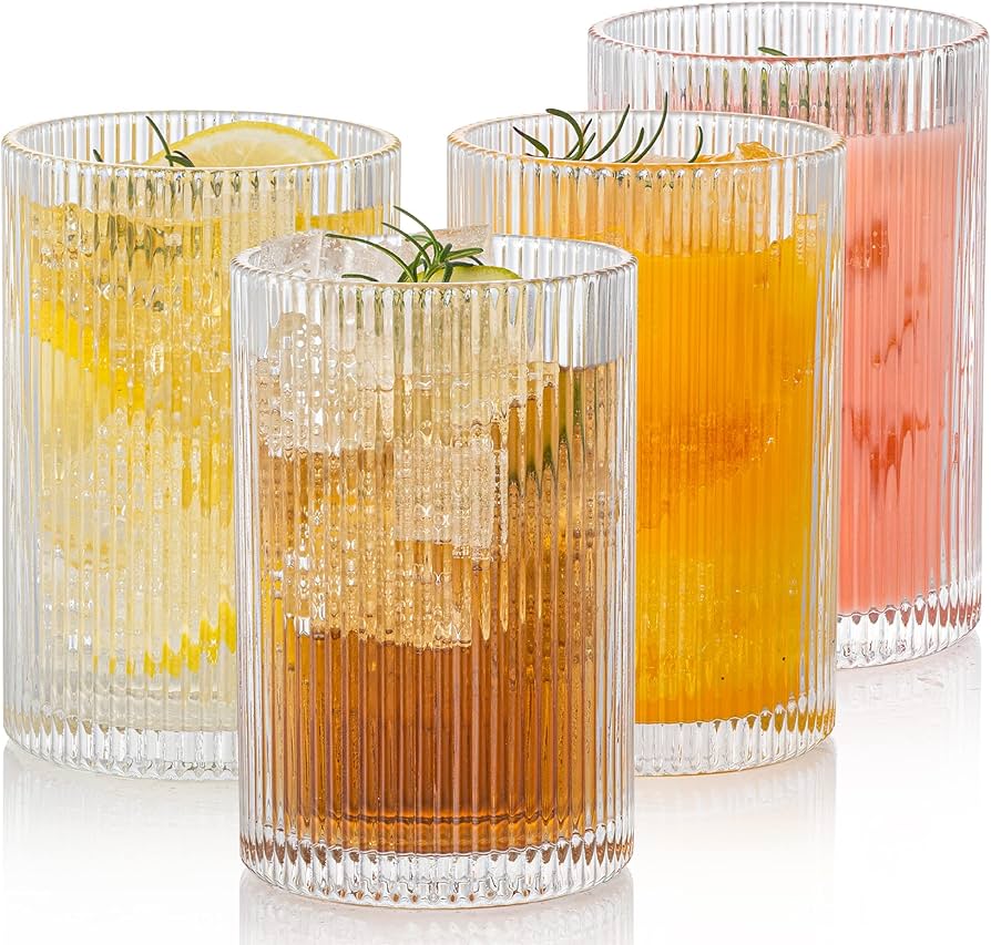Polidream Vintage Ribbed Glassware Set: 4pcs 16.9oz Xl Drinking Glasses